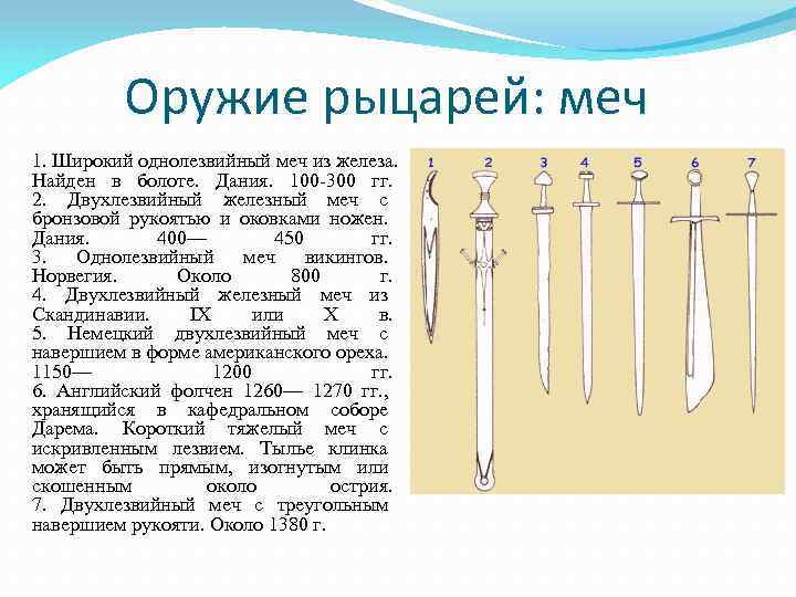 Оружие рыцарей: меч 1. Широкий однолезвийный меч из железа. Найден в болоте. Дания. 100