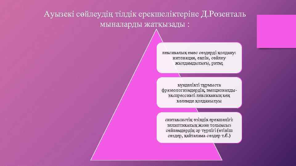 Ауызекі сөйлеудің тілдік ерекшеліктеріне Д. Розенталь мыналарды жатқызады : лексикалық емес сөздерді қолдану: интонация,