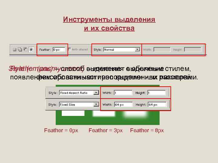 Инструменты выделения и их свойства Style (стиль) – способ выделения с обычным стилем, Feather