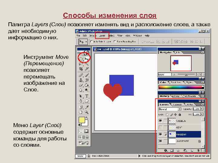 Способы изменения слоя Палитра Layers (Слои) позволяет изменять вид и расположение слоев, а также