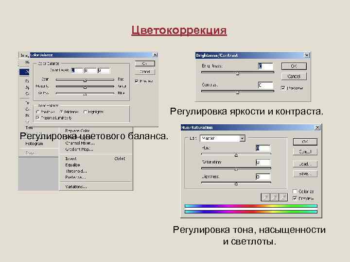 Цветокоррекция Регулировка яркости и контраста. Регулировка цветового баланса. Регулировка тона, насыщенности и светлоты. 