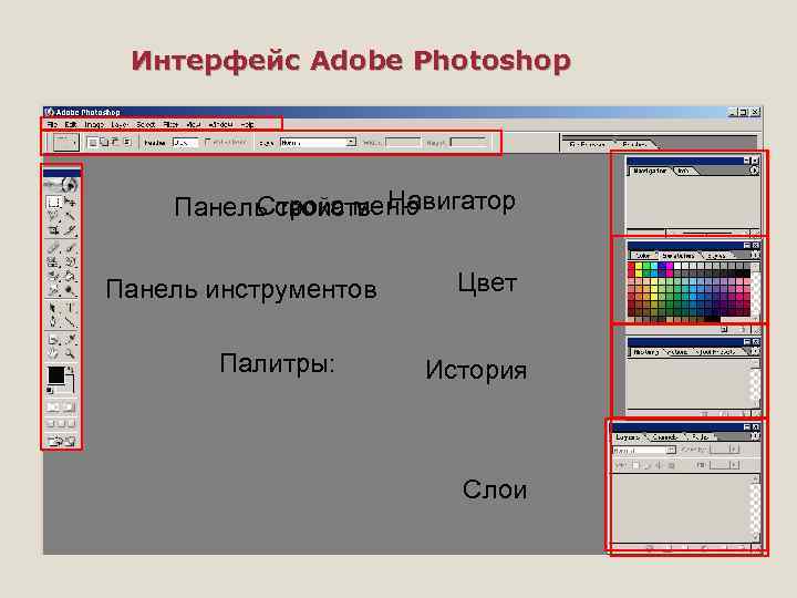 Интерфейс Adobe Photoshop Строка меню Панель свойств Навигатор Панель инструментов Палитры: Цвет История Слои