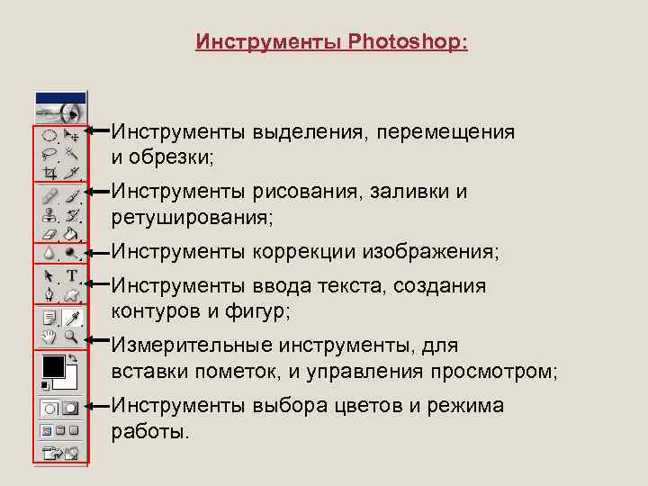 Инструменты Photoshop: Инструменты выделения, перемещения и обрезки; Инструменты рисования, заливки и ретуширования; Инструменты коррекции