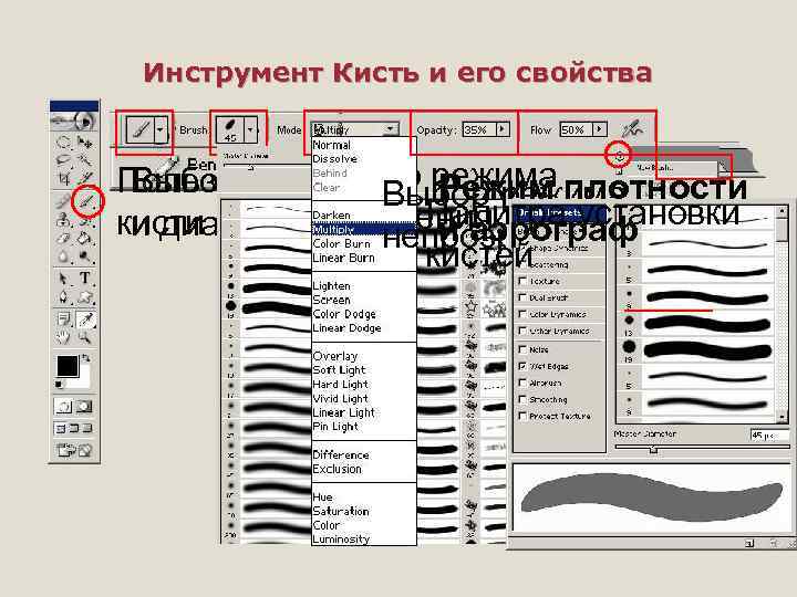 Инструмент Кисть и его свойства Выбор Режим Пользовательские режима плотности Выбор формы Выбор режима