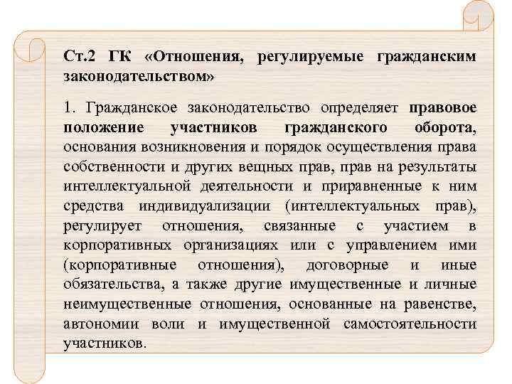 Ст. 2 ГК «Отношения, регулируемые гражданским законодательством» 1. Гражданское законодательство определяет правовое положение участников