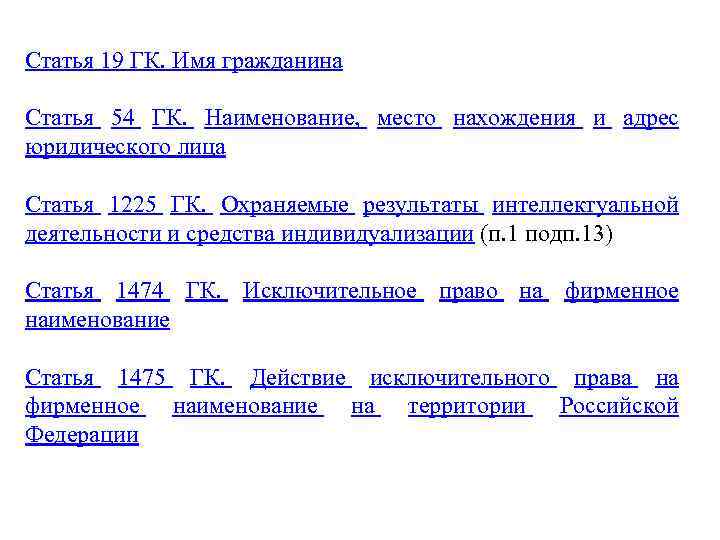 Статья 19 ГК. Имя гражданина Статья 54 ГК. Наименование, место нахождения и адрес юридического