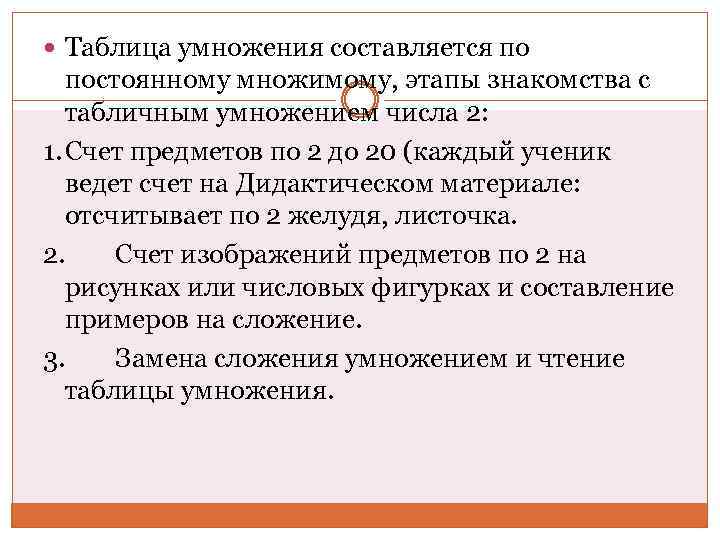  Таблица умножения составляется по постоянному множимому, этапы знакомства с табличным умножением числа 2: