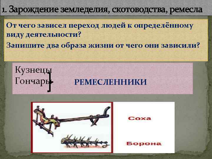 1. Зарождение земледелия, скотоводства, ремесла От чего зависел переход людей к определённому виду деятельности?