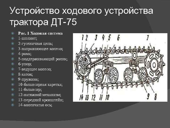 Устройство ходового устройства трактора ДТ-75 Рис. 1 Ходовая система 1 -шплинт; 2 -гусеничная цепь;