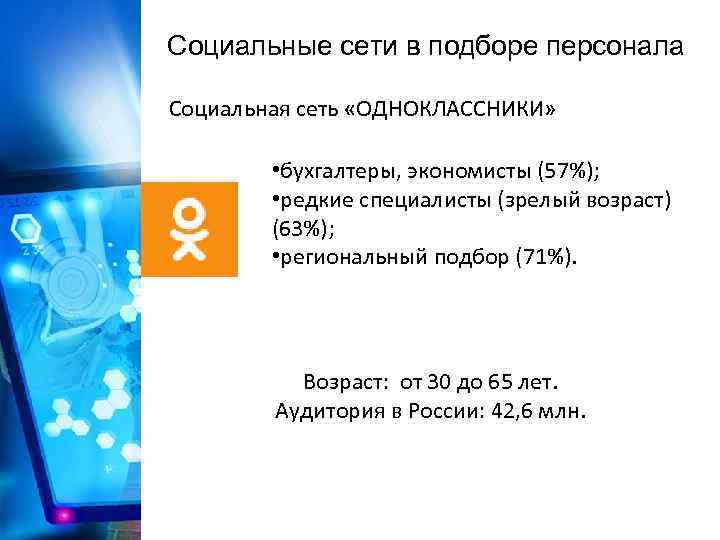 Социальные сети в подборе персонала Социальная сеть «ОДНОКЛАССНИКИ» • бухгалтеры, экономисты (57%); • редкие