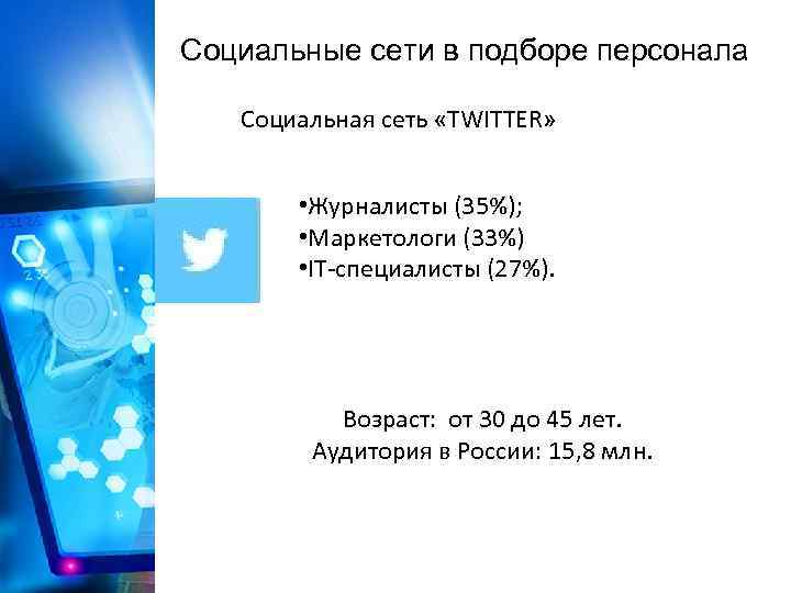 Социальные сети в подборе персонала Социальная сеть «TWITTER» • Журналисты (35%); • Маркетологи (33%)