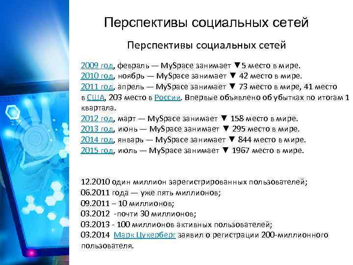 Перспективы социальных сетей 2009 год, февраль — My. Space занимает ▼ 5 место в