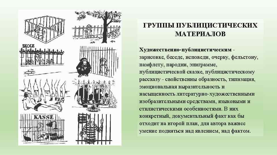 ГРУППЫ ПУБЛИЦИСТИЧЕСКИХ МАТЕРИАЛОВ Художественно-публицистическим зарисовке, беседе, исповеди, очерку, фельетону, памфлету, пародии, эпиграмме, публицистической сказке,
