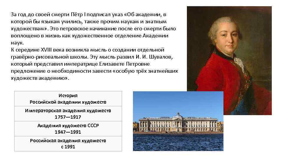 За год до своей смерти Пётр I подписал указ «Об академии, в которой бы