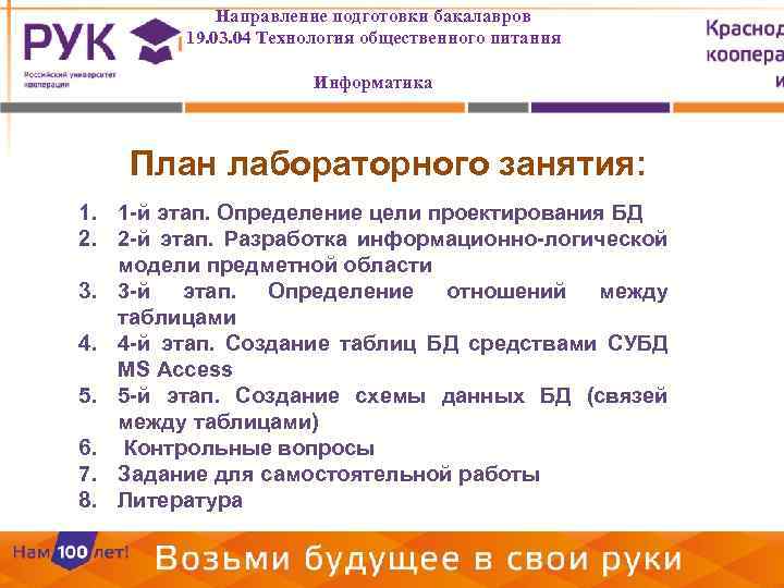 Направление подготовки бакалавров 19. 03. 04 Технология общественного питания Информатика План лабораторного занятия: 1.