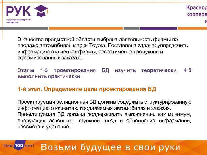 В качестве предметной области выбрана деятельность фирмы по продаже автомобилей марки Toyota. Поставлена задача: