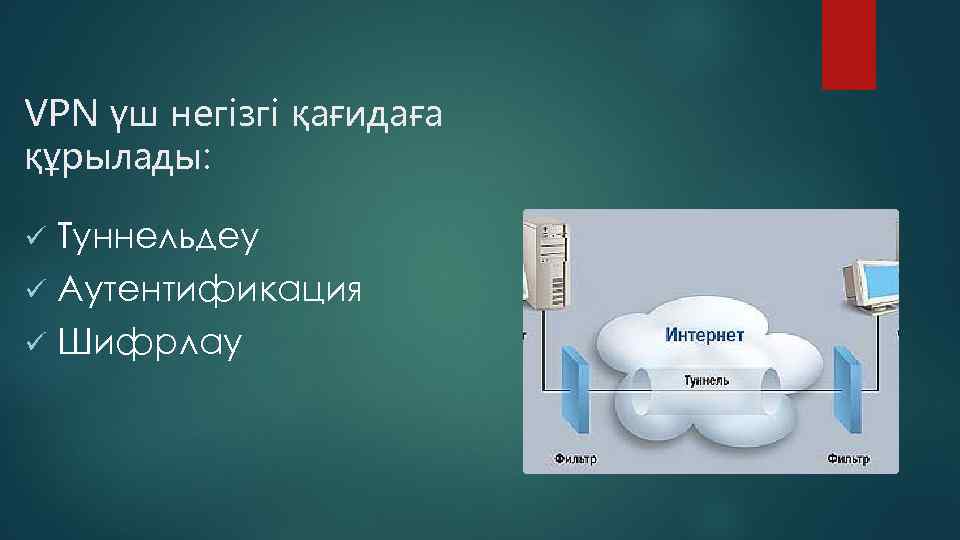 VPN үш негізгі қағидаға құрылады: Туннельдеу ü Аутентификация ü Шифрлау ü 