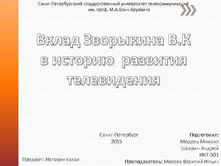 Санкт-Петербургский государственный университет телекоммуникаций им. проф. М. А. Бонч-Бруевича Вклад Зворыкина В. К в