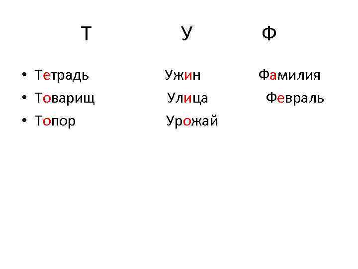 Т • Тетрадь • Товарищ • Топор У Ужин Улица Урожай Ф Фамилия Февраль