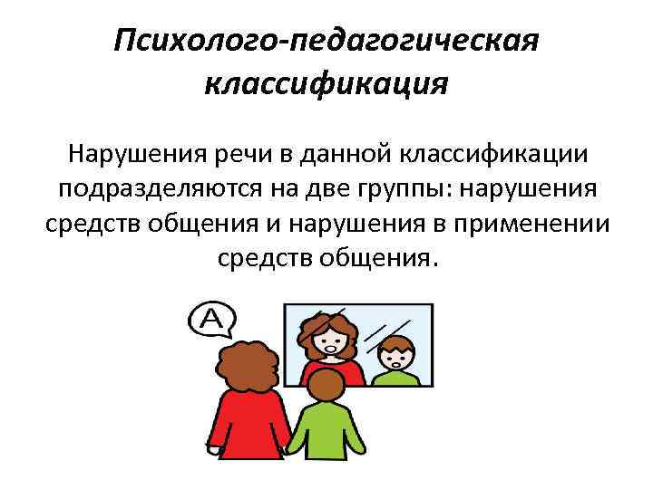 Психолого-педагогическая классификация Нарушения речи в данной классификации подразделяются на две группы: нарушения средств общения