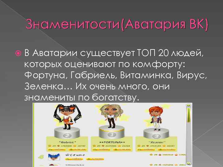 Знаменитости(Аватария ВК) В Аватарии существует ТОП 20 людей, которых оценивают по комфорту: Фортуна, Габриель,