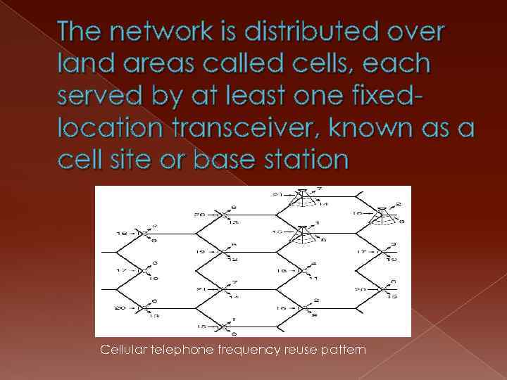 The network is distributed over land areas called cells, each served by at least