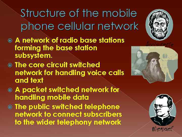 Structure of the mobile phone cellular network A network of radio base stations forming