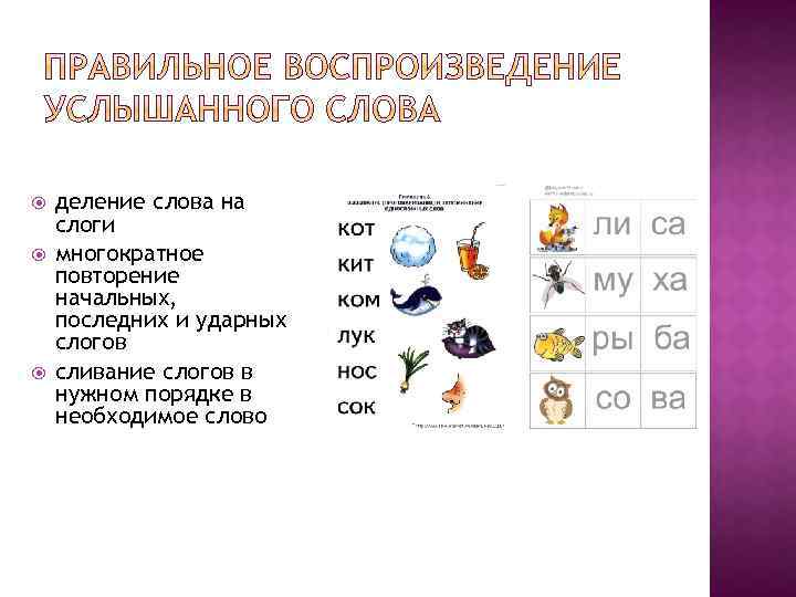  деление слова на слоги многократное повторение начальных, последних и ударных слогов сливание слогов