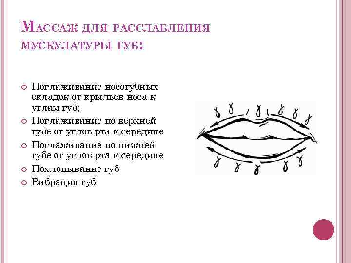 МАССАЖ ДЛЯ РАССЛАБЛЕНИЯ МУСКУЛАТУРЫ ГУБ: Поглаживание носогубных складок от крыльев носа к углам губ;