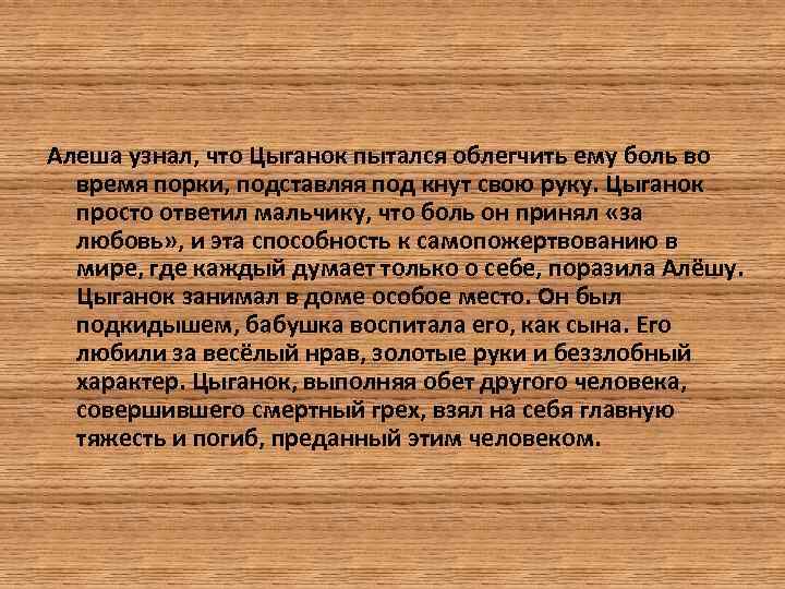 Алеша узнал, что Цыганок пытался облегчить ему боль во время порки, подставляя под кнут