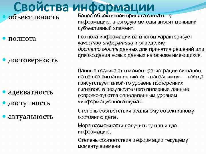 Степень полноты информации. Адекватность это свойство информации. Объективность это свойство информации. Субъективный элемент. Степень соответствия.