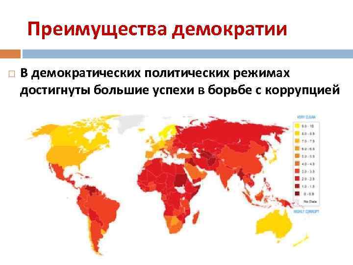 Преимущества демократии В демократических политических режимах достигнуты большие успехи в борьбе с коррупцией 