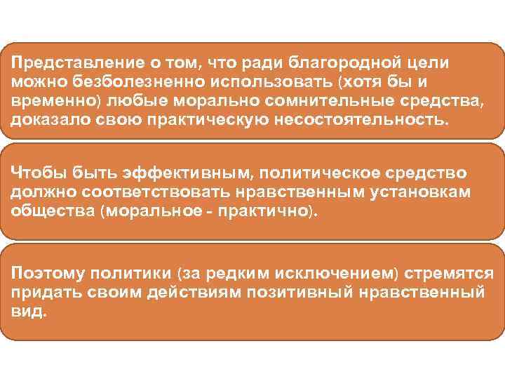 Представление о том, что ради благородной цели можно безболезненно использовать (хотя бы и временно)