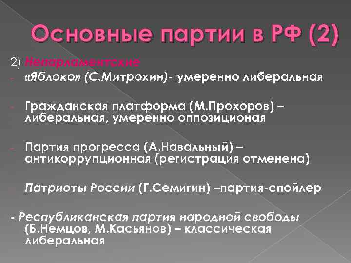 Основные партии в РФ (2) 2) Непарламентские - «Яблоко» (С. Митрохин)- умеренно либеральная -