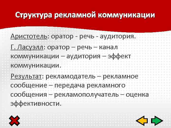 Структура рекламной коммуникации Аристотель: оратор - речь - аудитория. Г. Ласуэлл: оратор – речь