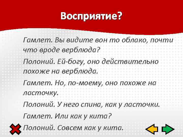 Восприятие? Гамлет. Вы видите вон то облако, почти что вроде верблюда? Полоний. Ей-богу, оно