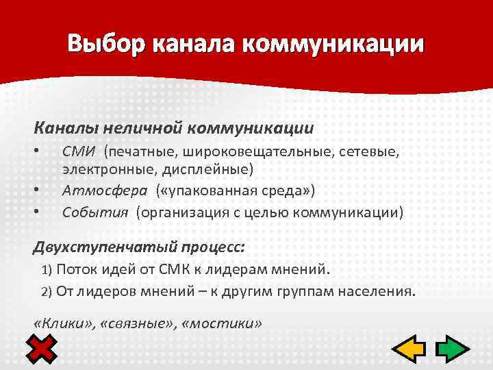 Выбор канала коммуникации Каналы неличной коммуникации • • • СМИ (печатные, широковещательные, сетевые, электронные,