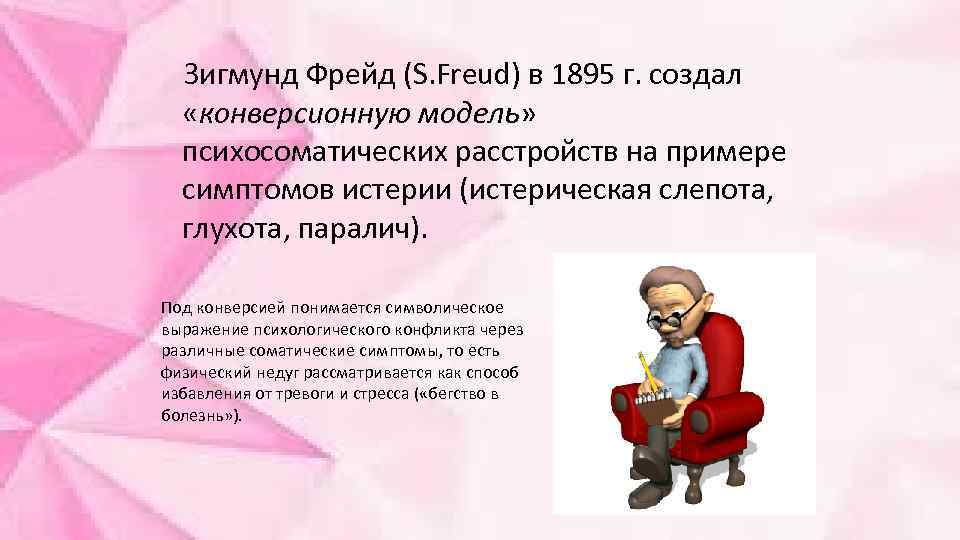  Зигмунд Фрейд (S. Freud) в 1895 г. создал «конверсионную модель» психосоматических расстройств на
