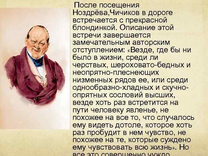  После посещения Ноздрёва, Чичиков в дороге встречается с прекрасной блондинкой. Описание этой встречи