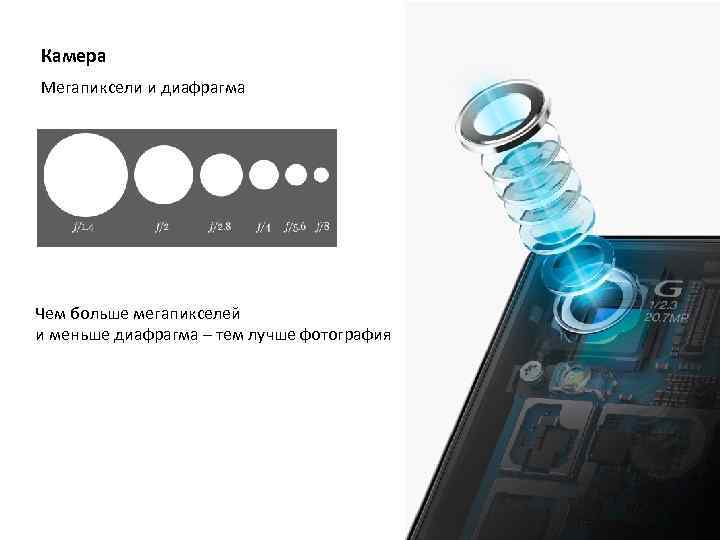 Камера Мегапиксели и диафрагма Чем больше мегапикселей и меньше диафрагма – тем лучше фотография