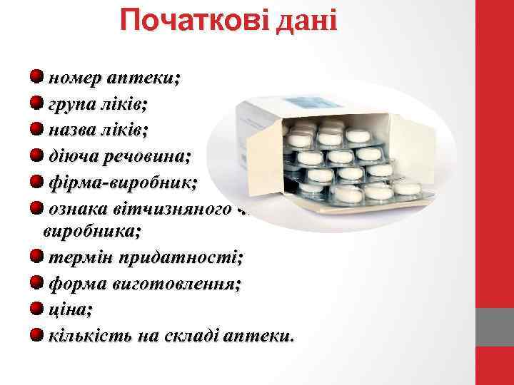 Початкові дані номер аптеки; група ліків; назва ліків; діюча речовина; фірма-виробник; ознака вітчизняного чи