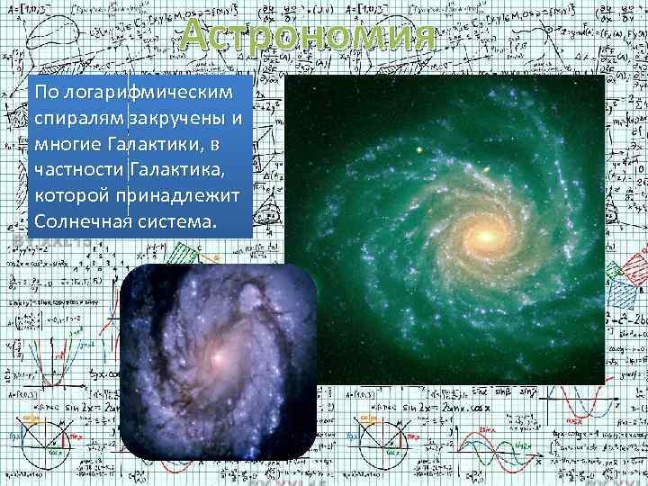 Астрономия По логарифмическим спиралям закручены и многие Галактики, в частности Галактика, которой принадлежит Солнечная