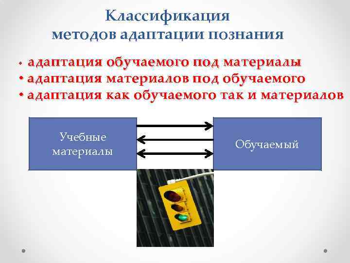 Классификация методов адаптации познания адаптация обучаемого под материалы • адаптация материалов под обучаемого •