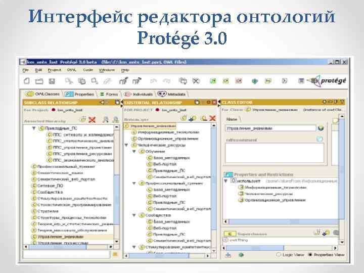 Интерфейс редактора онтологий Protégé 3. 0 