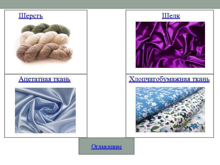 Шерсть Шелк Ацетатная ткань Хлопчатобумажная ткань Оглавление 