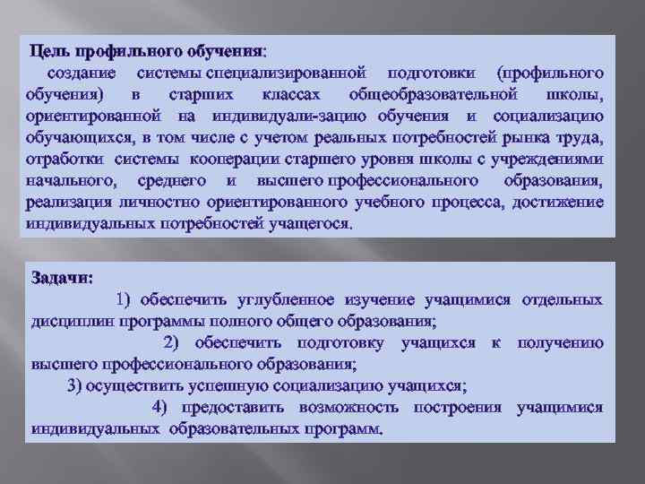  Цель профильного обучения: создание системы специализированной подготовки (профильного обучения) в старших классах общеобразовательной