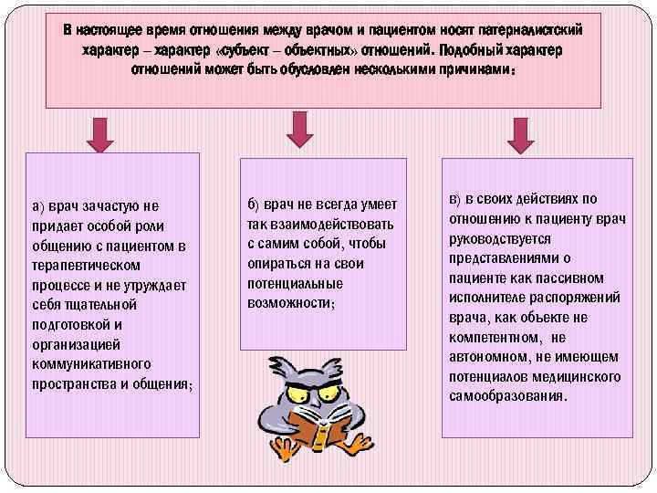 В настоящее время отношения между врачом и пациентом носят патерналистский характер – характер «субъект