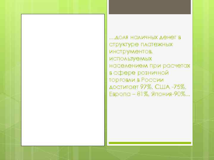 …доля наличных денег в структуре платежных инструментов, используемых населением при расчетах в сфере розничной