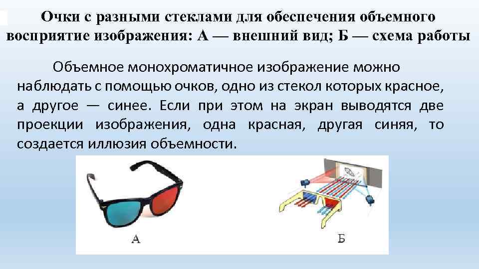 Очки с разными стеклами для обеспечения объемного восприятие изображения: А — внешний вид; Б