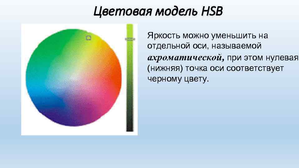 Цветовая модель HSB Яркость можно уменьшить на отдельной оси, называемой ахроматической, при этом нулевая